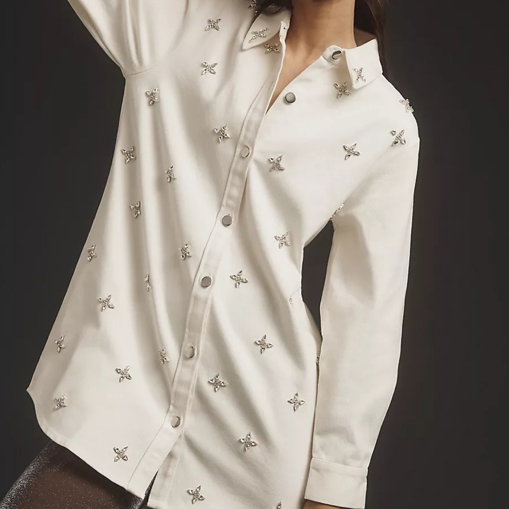 Anthropologie Rdalamal Denim Embellished Shirt Dress